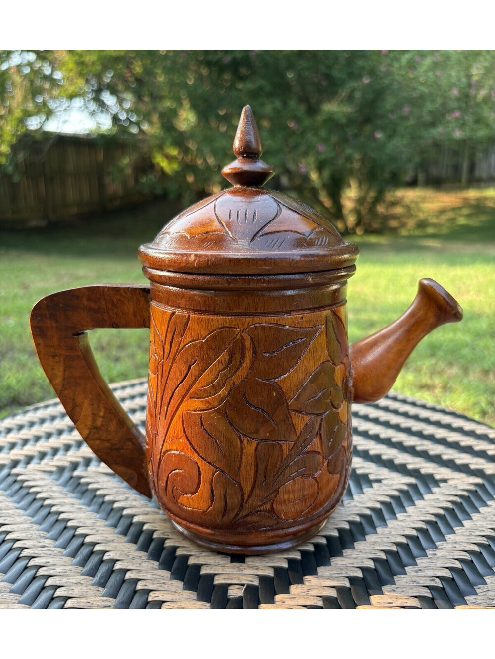 Carved Wooden Floral Teapot w/ Lid & Handle